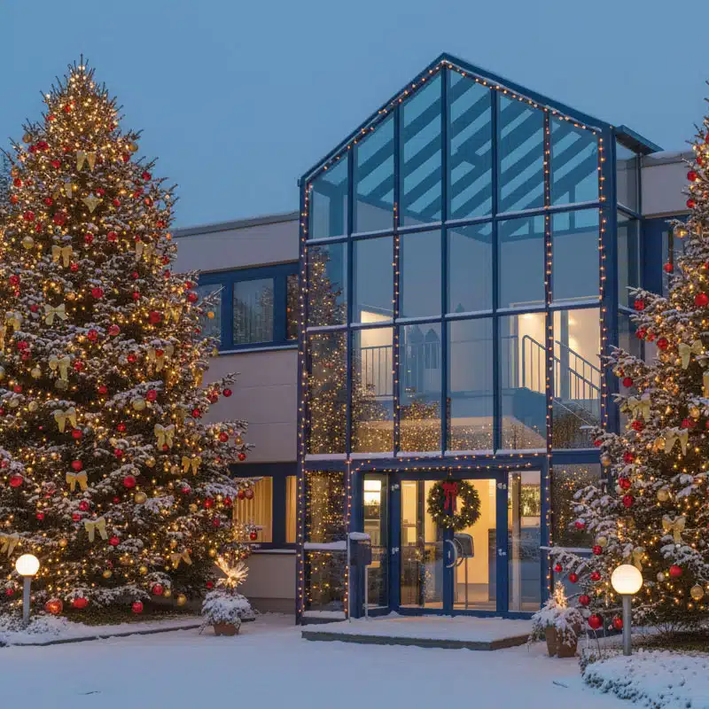 IKS Firmengebäude mit Schnee und Weihnachtsdekoration